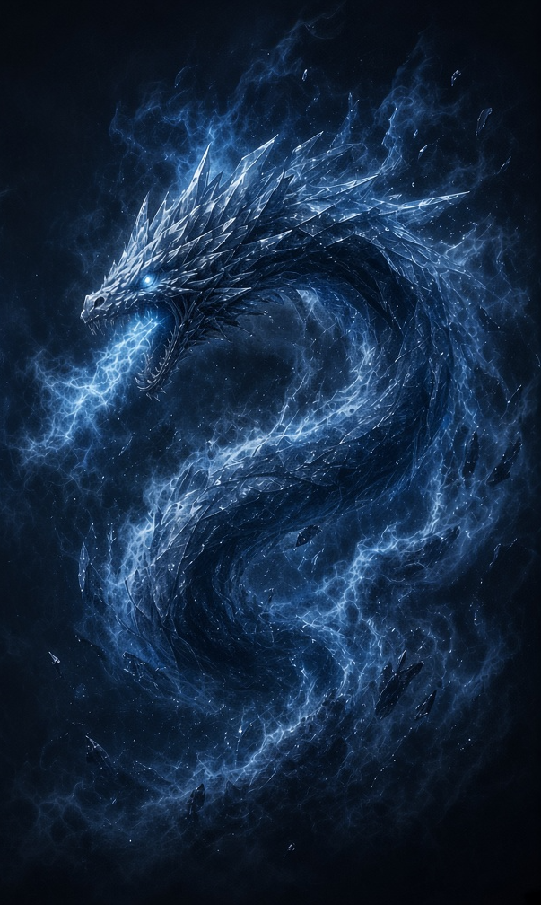 A serpentine Frost Wyrm forms from jagged ice and blue elemental vapor.