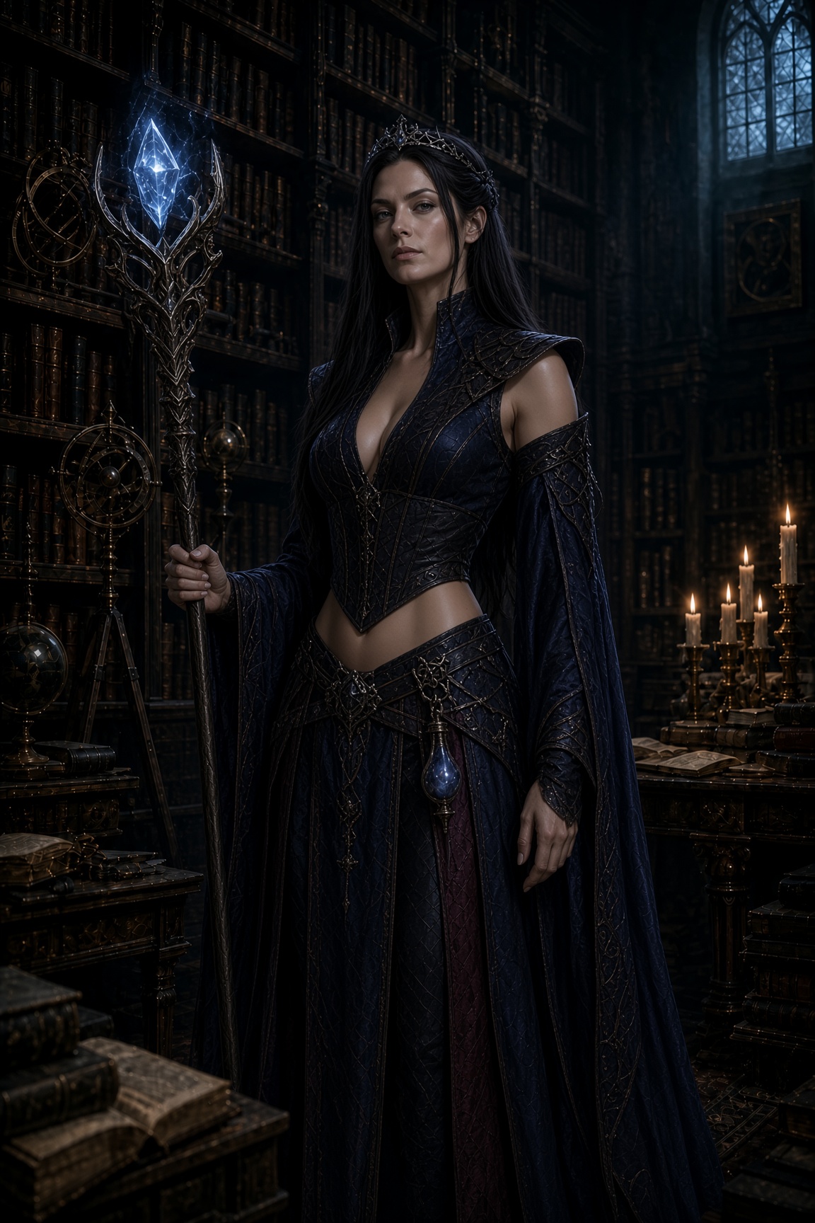 The Sorceress stands with her frost-enchanted staff among arcane instruments and candlelit shelves in a vast library.