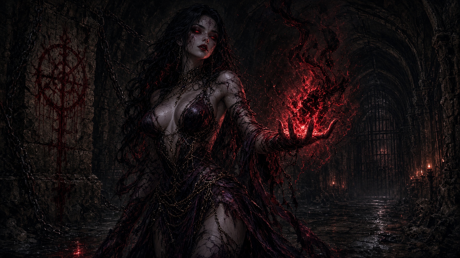 The Succubus wields crimson demonic magic in a blood-marked dungeon.