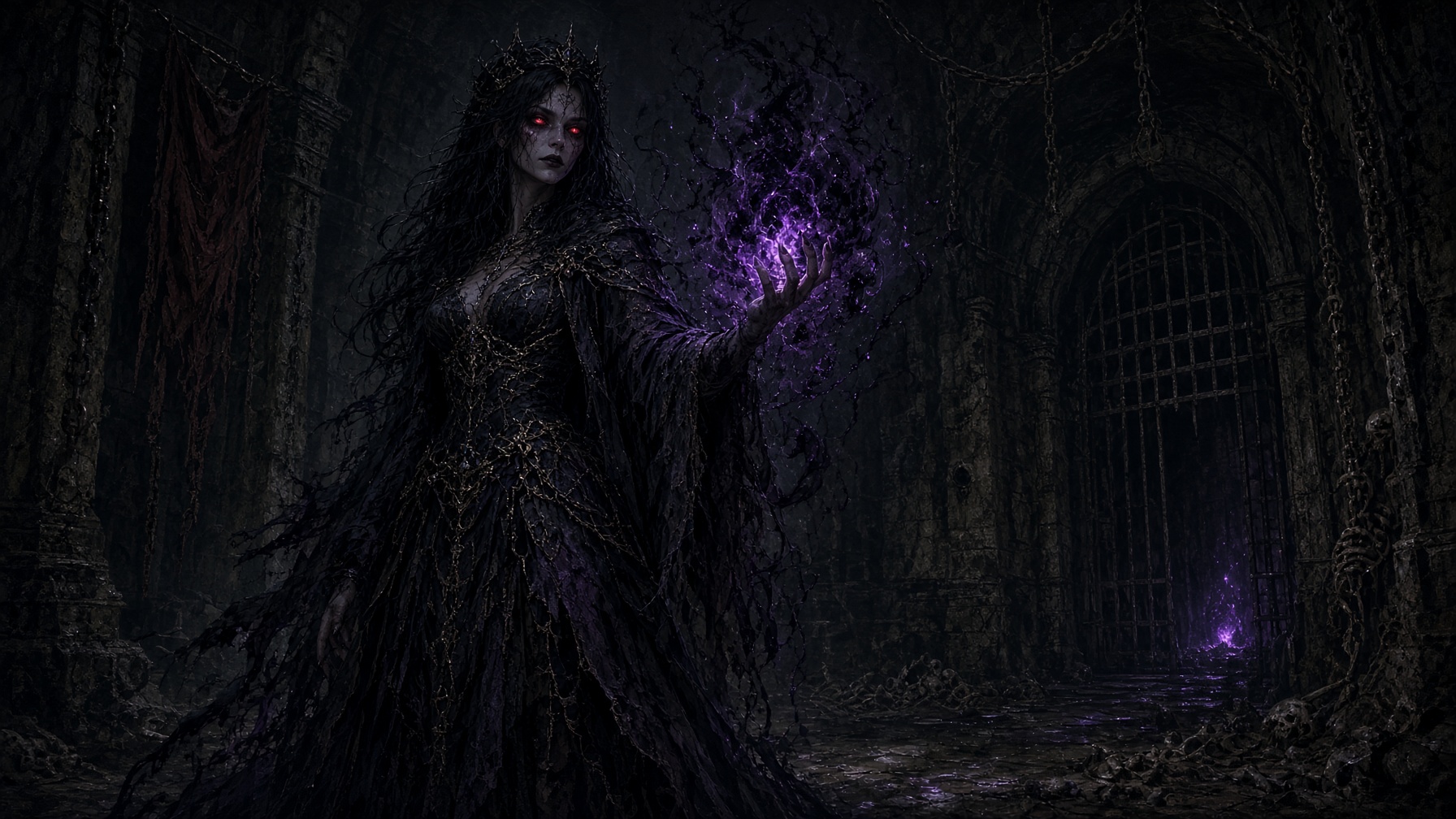 The Succubus conjures violet corruption inside a chained subterranean prison.