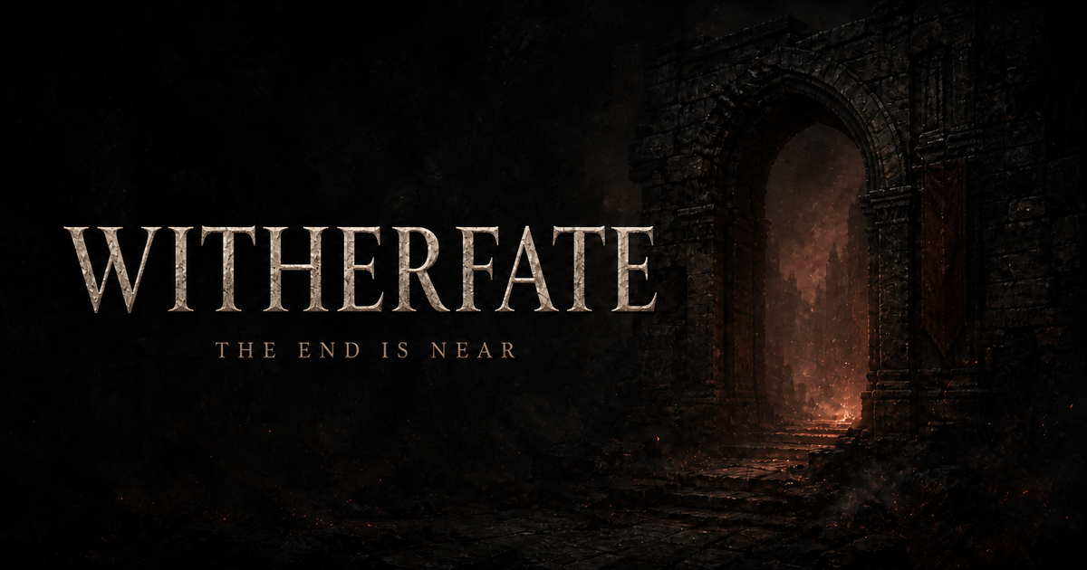 Witherfate — The End Is Near. An ancient stone arch opens onto an ember-lit darkness.